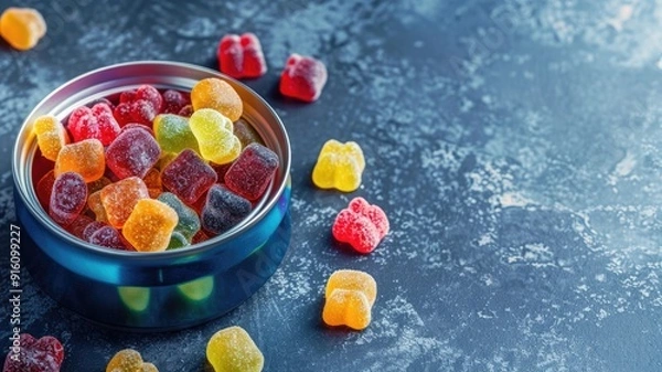 Fototapeta Tin of assorted gummy candies with some scattered on textured surface