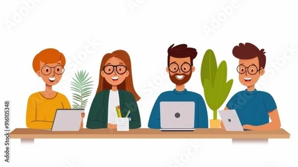 Fototapeta An illustration depicts four individuals seated at a desk, collaborating on work or study projects, highlighting themes of teamwork, productivity, and a blended working environment.