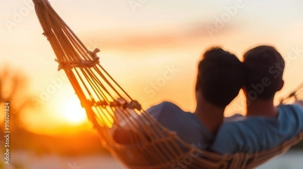 Fototapeta A calming and intimate scene showing two people relaxing together in a hammock while enjoying the picturesque beauty of a golden sunset, signifying relaxation and togetherness.