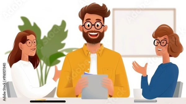 Fototapeta An animated illustration of an office meeting featuring three individuals engaged in a discussion around a table, emphasizing collaboration, communication, and professional environment.