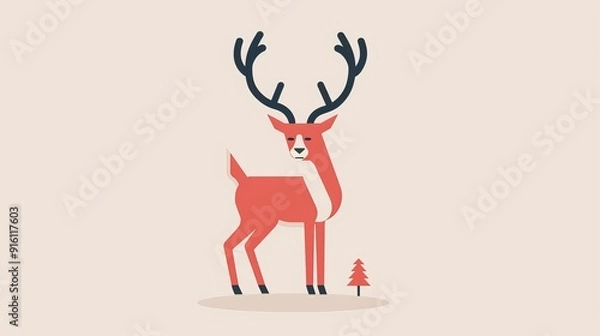 Obraz Minimalist deer with antlers, straightforward and clean, 2D vector illustration, uncomplicated and plain design, basic art style