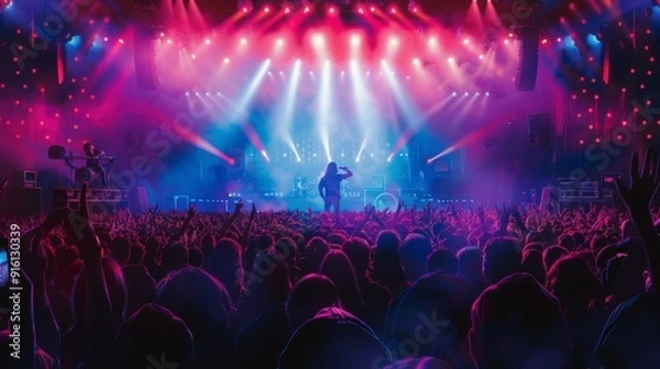 Fototapeta Energetic Concert Atmosphere: Popular Performer Rocking the Stage with Lively Crowd and Bright Lights
