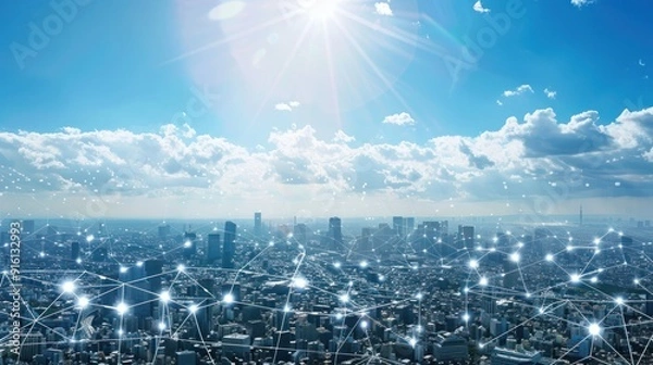 Fototapeta Cityscape with Network Connections Under a Sunny Sky