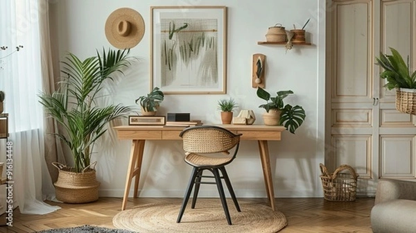 Fototapeta A Minimalist Boho Home Office with a Wooden Desk, Wicker Chair, and Natural Accents