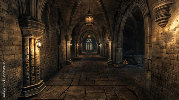 Fototapeta a gothic hallway at dusk atmospheric passageways