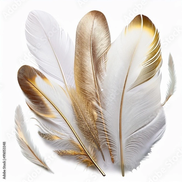 Fototapeta Set of Luxury Pure White and golden bird feather isolated on white background. glow effect.