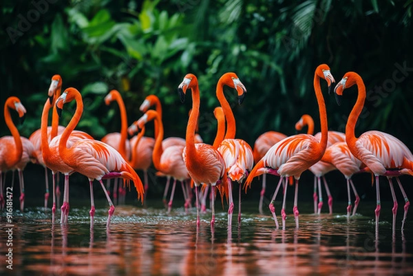 Fototapeta A group of flamingos standing in water, a realistic photo shoot, place the animals where there is more space around them to show their full bodies, use natural light