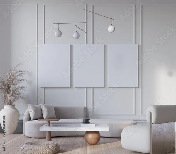 Fototapeta poster mockup in home living room interior background. modern classic hi end style. 3d Rendering