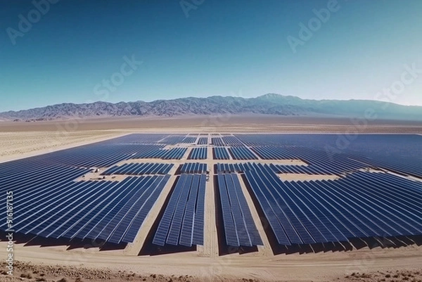 Fototapeta Solar panels in a vast field at sunrise generating renewable energy