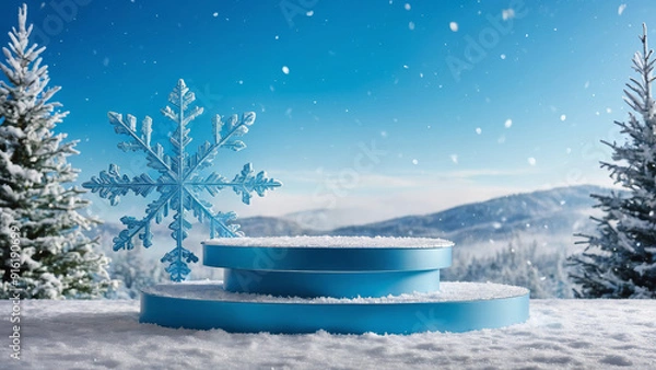 Obraz light blue product display podium in a winter wonderland with product presentation space covered in snow, giant snowflakes in the background, frosty Christmas podium with presentation space, ad