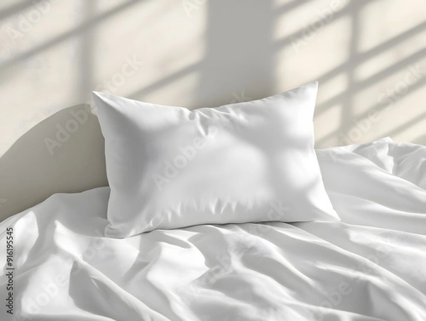 Obraz Minimalist white pillow mockup on a plain white duvet, subtle lighting and shadows