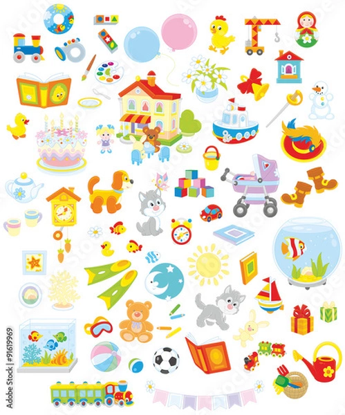 Fototapeta Set of funny vector toys, pets, gifts and other objects on a white background