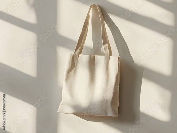 Obraz White tote bag mockup hung against a plain white wall, with subtle creases and soft lighting