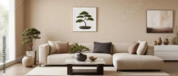 Fototapeta A modern living room featuring minimalist decor, a comfortable sectional sofa, and serene ambiance. The room is well-lit with natural light and a potted plant adds a touch of greenery.