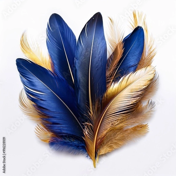 Fototapeta Set of Luxury Indigo Blue and golden bird feather isolated on white background. glow effect.	