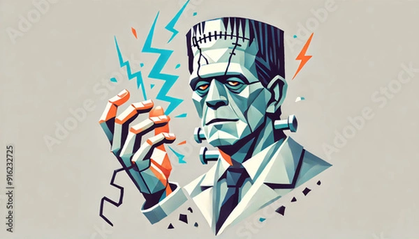 Fototapeta Polygon style illustration of Frankenstein with sharp edges and geometric shapes receiving electricity. The background is plain white