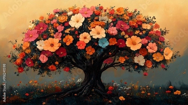 Fototapeta Human Brain as a Tree with Flowers, Reflecting Mental Health and Self-Care - Generative AI