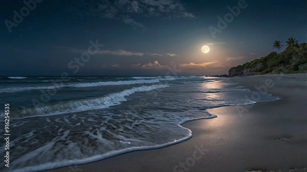 Obraz Moon light reflaction on the water and sand of the beach. 