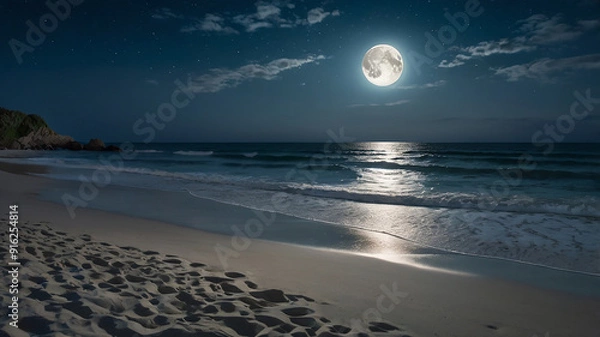 Obraz Moon light reflaction on the water and sand of the beach. 