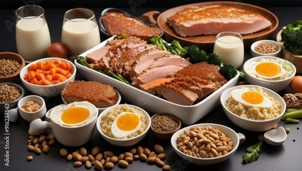 Fototapeta a plate with a variety of foods, including salmon, an egg, rice, vegetables, nuts, and fruit.