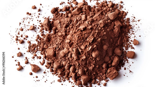 Fototapeta A mound of rich cocoa powder displayed on a clean white background, viewed from above, showcasing its fine, earthy texture.

