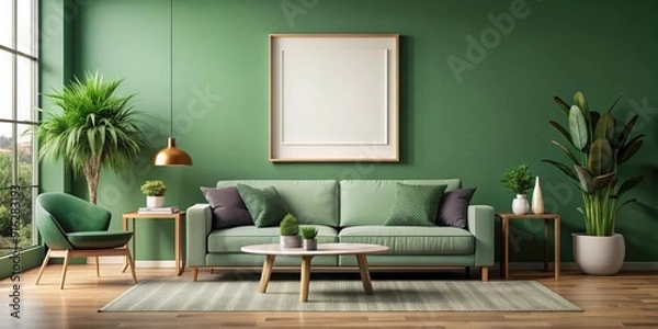 Fototapeta render of poster frame mock-up in green home interior with lounge sofa, table and decor , poster frame, mock-up