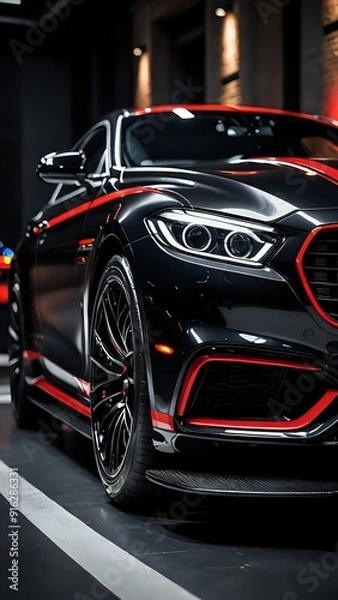 Obraz Closeup of a black luxury sports car with red accents, parked in a garage.