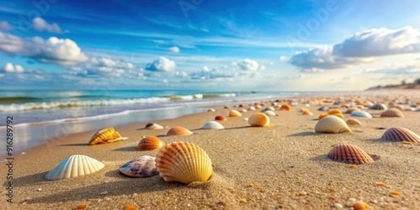 Fototapeta Empty sand beach with shells, summer sea lapping against the shore , Summer, beach, coastline, sand, shells, water, gentle