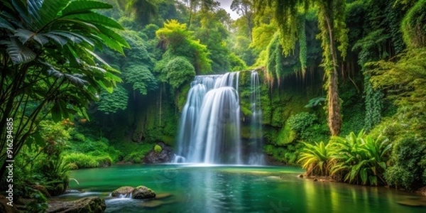 Fototapeta Beautiful waterfall surrounded by lush green jungle foliage, waterfall, jungle, nature, tropical, green, trees, cascading