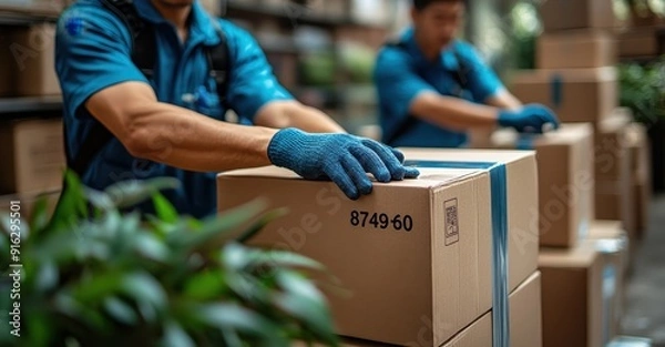 Obraz Close-up of two male movers in blue uniforms taping a cardboard box to secure furniture, preparing for a home move


