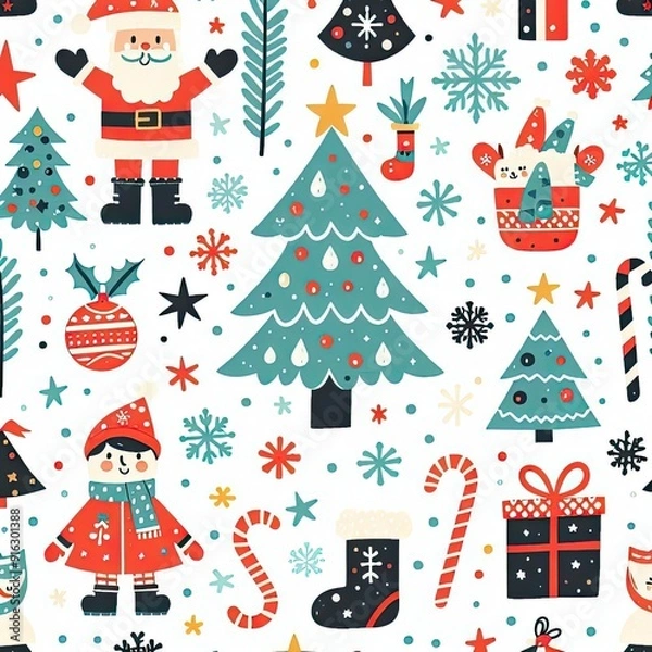 Fototapeta Simple vector seamless pattern for kids with Santa, Christmas tree and snowflakes. Christmas print for wrapping paper, Christmas cards, scrapbooking