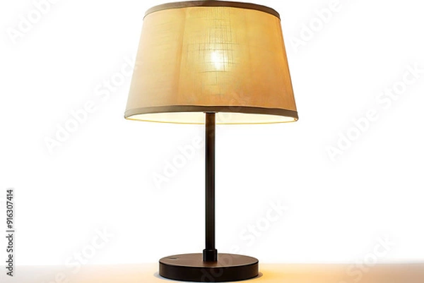 Fototapeta Classic table lamp featuring a beige fabric lampshade and a simple black base, casting a warm glow in any room. The lamp stands on a white background, ideal for both traditional and modern interior se