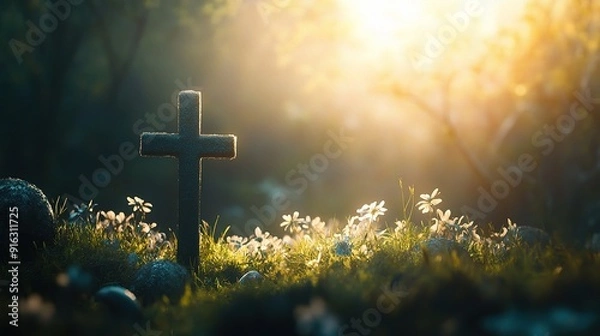 Fototapeta Hope in the Light: A weathered wooden cross stands tall amidst a field of wildflowers, bathed in the golden glow of the setting sun, offering a poignant reminder of faith and eternal hope. 