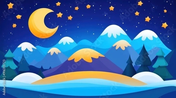Fototapeta A dreamy night landscape with starry skies, a glowing moon, and snowy mountains awaits your imagination in this whimsical artwork.