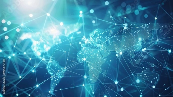 Fototapeta A Digital World Map Connected by Lines and Nodes