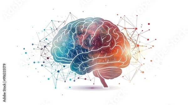 Fototapeta Innovative AI Brain Concept: Neural Network Visualization with Ultra-High-Resolution Focus Stacking and Color Grading on a White Background