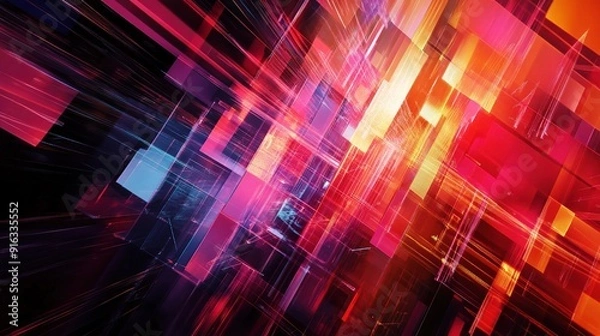 Fototapeta Abstract Digital Cityscape: Vibrant, neon-hued geometric shapes intersect in a dynamic, abstract digital cityscape, evoking a sense of futuristic technology, progress, and innovation.  