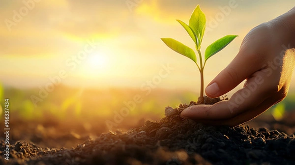 Fototapeta Hand gently planting a green sprout in rich soil under a vibrant sunrise, symbolizing growth and new beginnings.