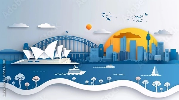 Obraz Panoramic view of Sydney city skyline with world famous landmarks in paper cut style vector illustration