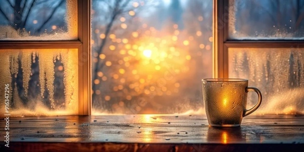 Fototapeta Fogged glass in a warm room creating a cozy and soft texture , fog, glass, warm, room, cozy, soft, texture, blurred, misty