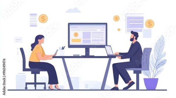 Fototapeta Saving Money Concept - Person Depositing Coins into Piggy Bank. Minimalist Flat Illustration with Creative Design.