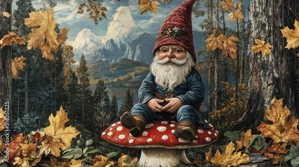 Fototapeta Gnome sitting on a mushroom in a mystical fall forest, with golden leaves swirling around.