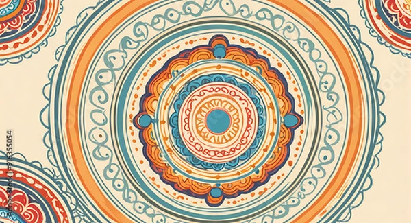 Obraz Retro Mandala with Bold Colors and Distinctive 70s Patterns on a Cream Background, Featuring Ample Copy Space for Text or Branding