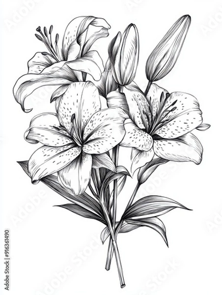 Fototapeta Black and white Vintage engraved art of a lily bouquet, isolated on white background, ink sketch illustration, simple vector art design, highly detailed line art, high contrasty