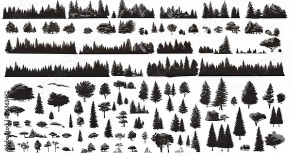 Fototapeta Various silhouettes of trees and rocks for nature illustrations or design projects.