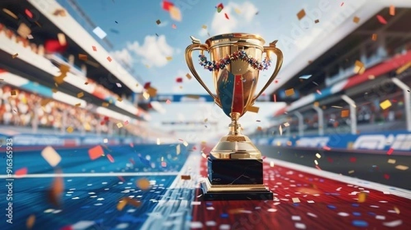 Fototapeta Victory Celebration: Golden Trophy and Olympic Laurel on Podium, Cheering Crowd, Confetti, Cinematic Lighting – Studio-Style Professional Photo with High Detail and Octane Rendering