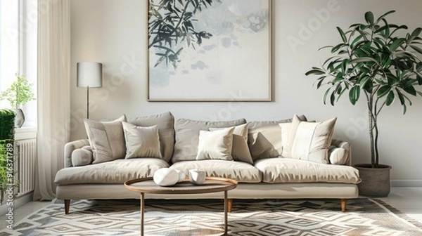 Obraz Decorative living room with patterned carpet and painting above sofa. Real photo