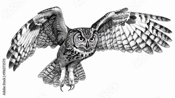 Fototapeta Black and white Vintage engraved art of an owl in flight, isolated on white background, ink sketch illustration, simple vector art design, highly detailed line art, high contrasty 