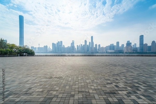Fototapeta Guangzhou city center empty brick floor and skyline in China with generative ai