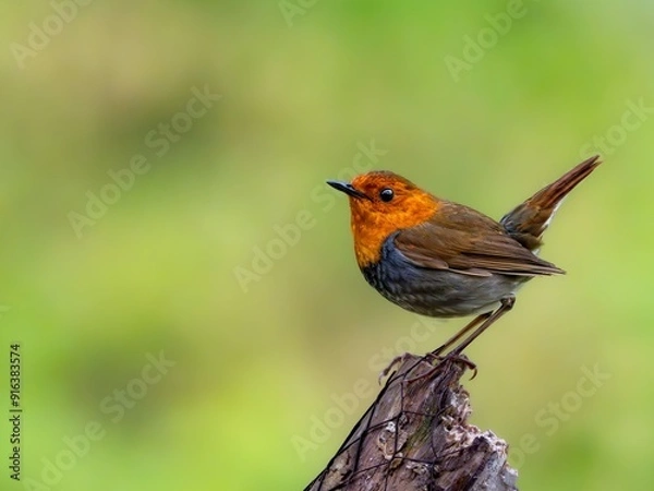 Obraz 森の中で枯れ木に留まって周りを見渡しているコマドリの雄